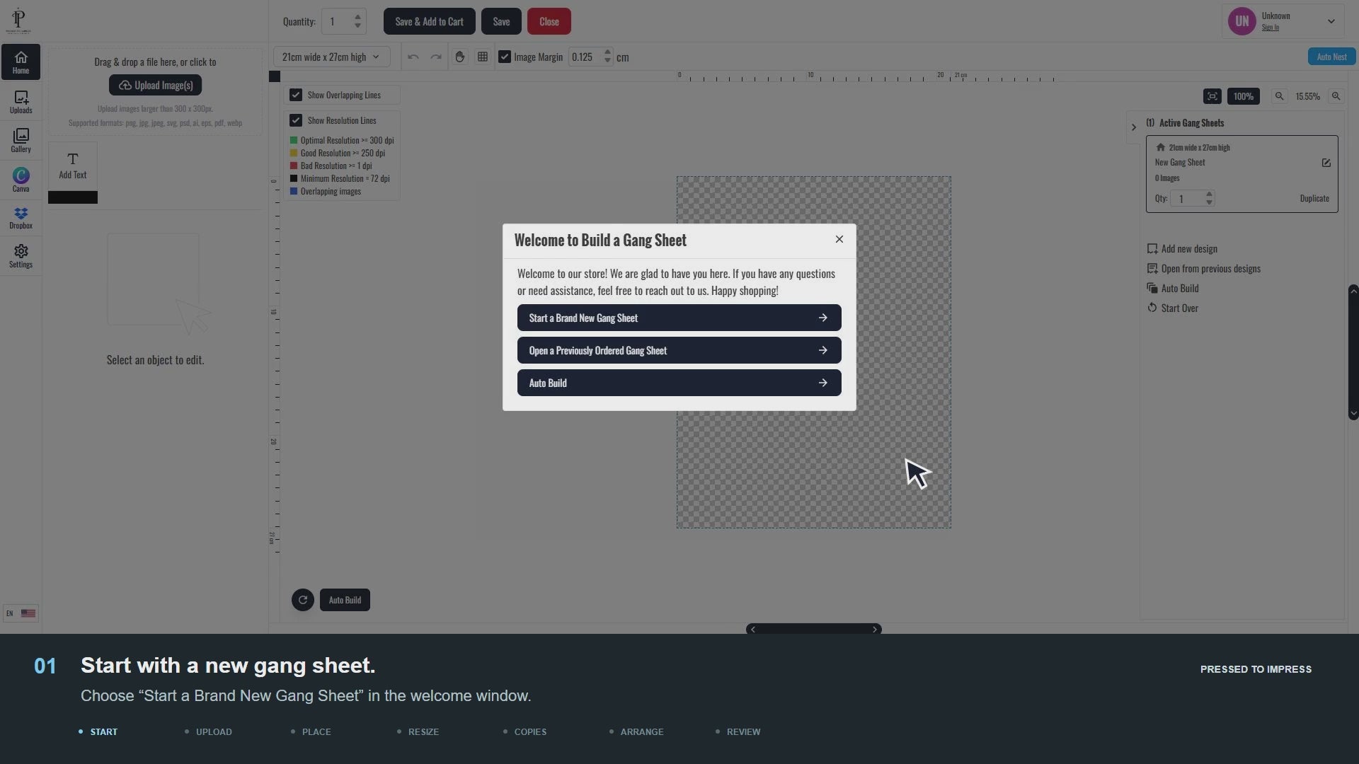 Gangsheet creator walkthrough: upload artwork, set print sizes, check resolution, arrange images and save to cart.